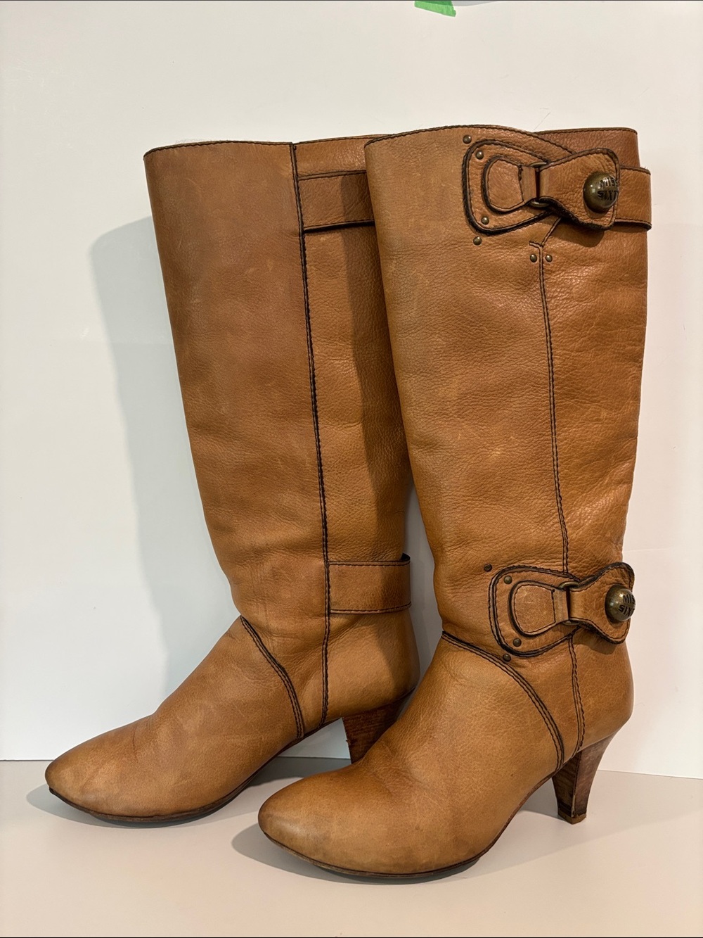 Miss Sixty Tan Leather Knee Boots Y2K Buckle Detail Stacked Heel EU 38 - Picture 3 of 15